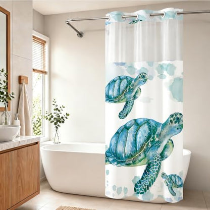 Beach Nautical Sea Turtle Theme No Hook Waffle Weave Shower Curtain with Snap in Liner Nautical Beach Bathroom Blue Ocean Decor Set 36 W x 74 H Inch Teal