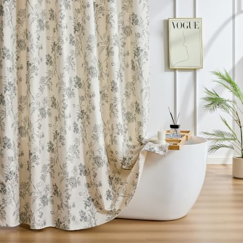 Warmstar Farmhouse Shower Curtain,GreyFloral Shower Curtain for Bathroom Linen Look Vintage Shower Curtain with Weighted Hem,72" W x 84" L