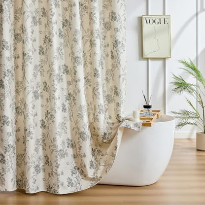 Warmstar Farmhouse Shower Curtain,Grey Floral Shower Curtain for Bathroom Linen Look Vintage Shower Curtain with Weighted Hem,72" W x 72" L