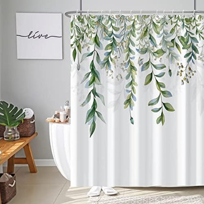 AWERT Green Mixed Light Blue Plant Shower Curtain with 12 Hooks Decorative Sage Green Shower Curtain for Bathroom Waterproof Fabric 72x84inch
