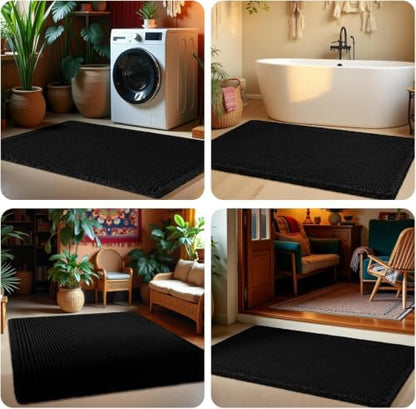 Upgrade Waffle Bath Mat, Boho Bathroom Rugs Absorbent Non Slip, Ultra Soft Bathroom Mat, Machine Washable Knit Bath Rugs with Tassels for Bathroom, Bedroom, Kitchen, Shower, Tub, Black, 36"x24"