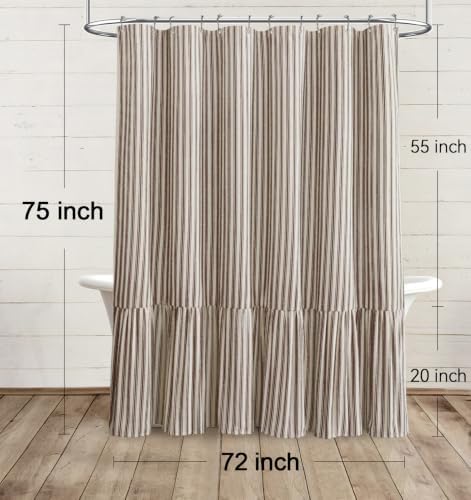 Farmhouse Shower Curtain Ruffle Linen Cream-Brown Stripe 72"W x 75"L