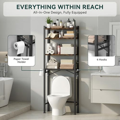 GloTika 4-Tier Over The Toilet Storage, Anti-Tilt, 69.3" H, Black Brown