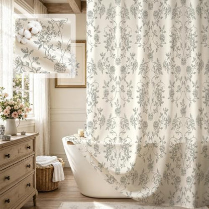 MitoVilla Vintage Farmhouse Grey Floral Poly-Cotton Shower Curtain, 72x72