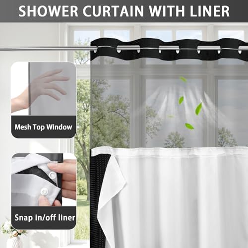 No Hook Shower Curtain with Liner Set Hotel Waffle Curtain Black 58W X 75L