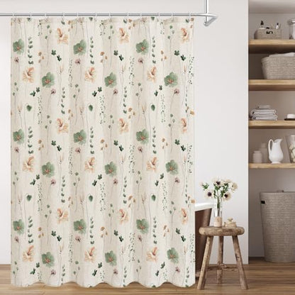 Gibelle Sage Green Linen Watercolor Floral Fabric Shower Curtain, 72x78