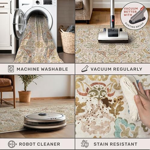 Washable Area Rugs 5x8 for Bedroom - Western Nature Rugs for Living Room, Dining Room,Playroom, Guest Room with Boho Beige Neutral Botanical & Bird Pattern, Non Slip Stain Resistant Low Pile