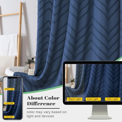 OWENIE Extra Long Dusty Blue Boho Shower Curtain, Chic Tufted Chevron Striped Textured Fabric Cloth Shower Curtains with Tassel for Bathroom, Soft Hotel Style Farmhouse, Machine Washable, 72x84