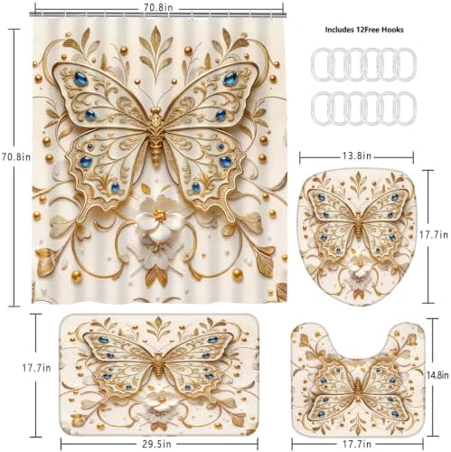 Chrainy 4pcs Golden Butterfly Shower Cutain Set Bathroom Decor Accessories