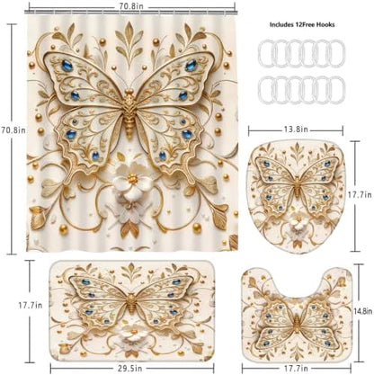 Chrainy 4pcs Golden Butterfly Shower Cutain Set Bathroom Decor Accessories