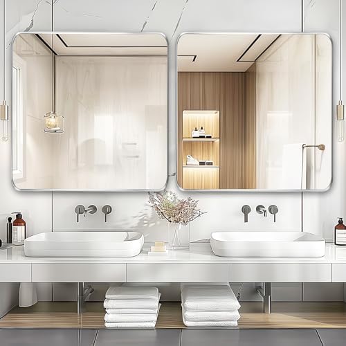 Silver Bathroom Vanity Mirror Over Sink 28x28, Wall Square Mirror, Chrome