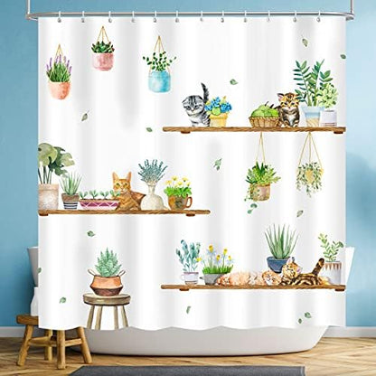 Hanging Potted Plants Cat Shower Curtain, Bracket Plant Kitty Shower Curtain for Bathroom with 12 Hooks, Polyester Fabric Waterproof Shower Curtain Sets Machine Washable Bath Curtain