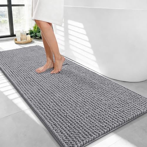 OLANLY Thick Chenille Bathroom Runner Rugs 44x24, Absorbent Bath Mat, Grey