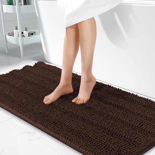 OLANLY Thick Bathroom Runner Rugs 47x24, Soft Chenille Bath Rugs, Brown