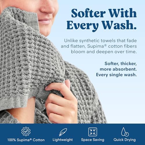 ONSEN Supima® Waffle Bath Towel, Large, Quick Dry Lint Free 100% USA Cotton, Lightweight Absorbent Bath Towel, 31x57 in (Cinder Grey, 1x Bath Towel)