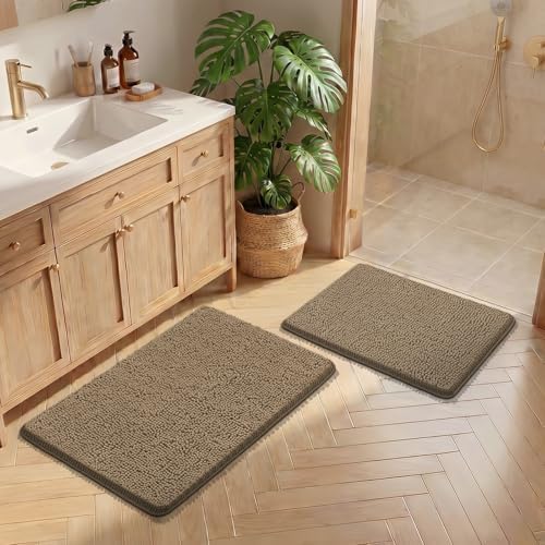 Bcoimo Bath Rugs Mat Set,2 Piece Non Slip Chenille Latte Bathroom Mat Sets
