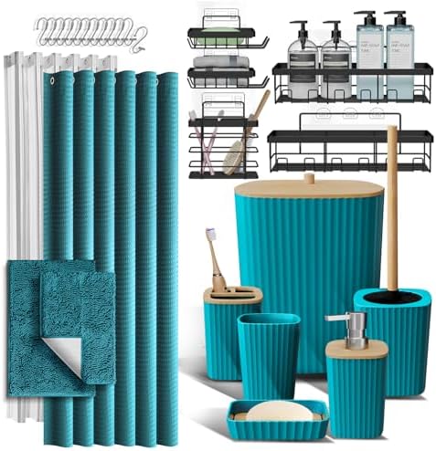 Clara Clark Bathroom Accessories Set - 27PC Bathroom Set with Adhesive Corner Shower Caddy Hanging, Bathroom Sets with Shower Curtain and Rugs, Teal Shower Curtain Set with Bathroom Trash Can