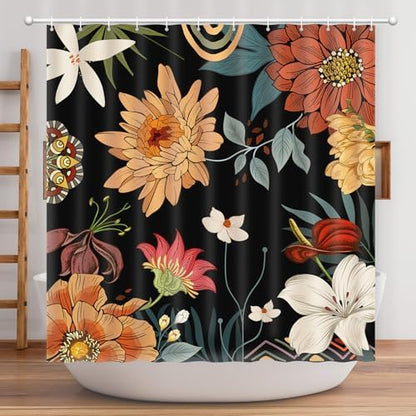 Shower Curtain Boho Floral, Tropical Summer shower curtain Mid-Century Abstract Boho Flowers Chic Shower Curtain Set Waterproof Polyester Fabric Machine Washable Home Farmhouse Decor Bath Curtains