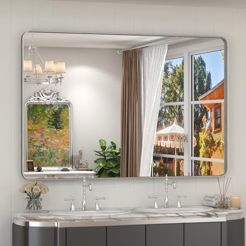 48x32 Inch Brushed Nickel Bathroom Mirror, Brushed Silver Metal Framed Wall Mirror, Rounded Corner Rectangle Modern Vanity Mirror, Tempered Glass, Anti-Rust, Shatterproof (Horizontal/Vertical)