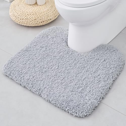 ILANGO Silver Toilet Rugs U Shaped 22" × 24" Non Slip & Super Absorbent Extra Thick Soft, Washable Bath Mats for Bathroom Floor, Microfiber Plush Shaggy Contour Bath Rugs for Toilet,Dry Quick