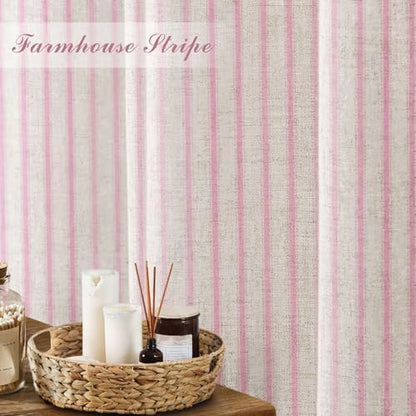 Farmhouse Striped Shower Curtain Pink Vintage Linen Curtain 72"W X 72"L