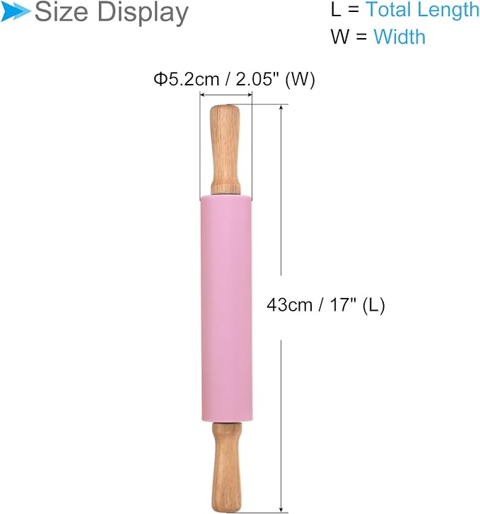 Silicone Rolling Pins, 17" Length, Silicone & Oak Non-Stick Ergonomic Wooden Handle Fondant Dough Roller Pink - (Applications: for Baking DIY Projects)