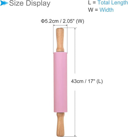 Silicone Rolling Pins, 17" Length, Silicone & Oak Non-Stick Ergonomic Wooden Handle Fondant Dough Roller Pink - (Applications: for Baking DIY Projects)