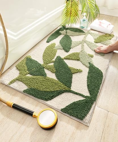 Bath Mat Leaves Green Area Rug Non-Slip Soft Absorbent Bathroom Rugs Machine Washable Bath Rug Floor Carpet Entryway Door Mat for Tub Shower Decor 19.5 X 31.5 Inches