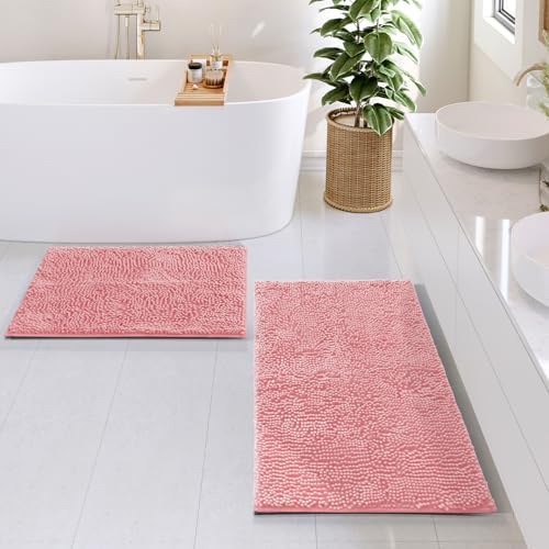 Hearth & Harbor Bathroom Rugs, Chenille Bath Mat - Machine Washable Bath Mats for Bathroom Non-Slip Backing Rubber, Quick Dry Bathroom Mat, 17 x 24 + 20 x 32 - Pink