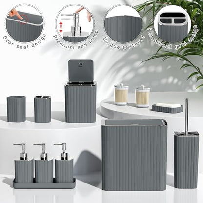 Bathroom Accessory Set - Bathroom Set, 12PC Bathroom Accessories Set, Grey Bathroom Accessories Set, Mini Trash Can, Toilet Brush, Trash Can & Soap Dispenser