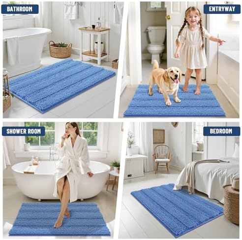Grandaily Chenille Striped Bathroom Rugs 47x24, Extra Thick and Soft Absorbent Bath Mats, Rubber Backing, Plush Shaggy Shower Carpet, Machine Wash Dry, Bath Rug for Bathroom, Cornflower Blue