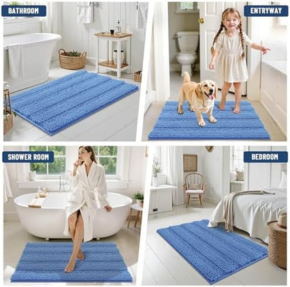 Grandaily Chenille Striped Bathroom Rugs 47x24, Extra Thick and Soft Absorbent Bath Mats, Rubber Backing, Plush Shaggy Shower Carpet, Machine Wash Dry, Bath Rug for Bathroom, Cornflower Blue