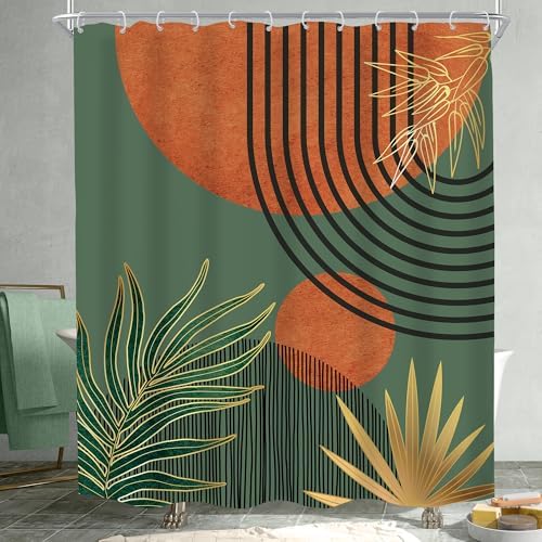Mid Century Green Orange Boho Abstract Modern Bathroom Shower Curtain Set