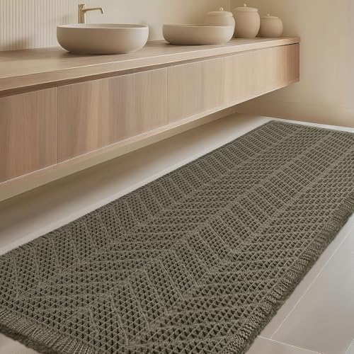 IM HOME Extra Large Waffle Bath Mat, 5'x2' Greyish Green, Boho Bathroom Rugs Absorbent Non Slip, Ultra Soft Bathroom Mat, Machine Washable Knit Bath Rugs with Herringbones for Bathroom, Kitchen