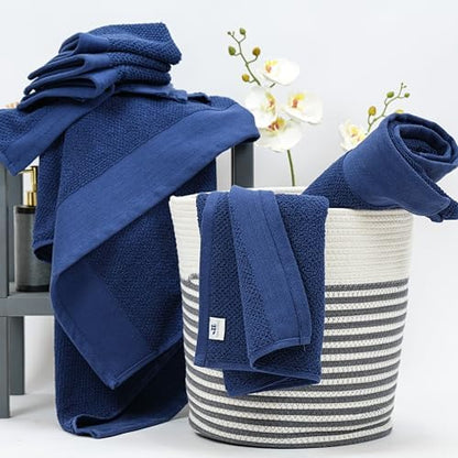Tens Towels Pack of 8 Popcorn Textured Luxury Towels Set, 2 Extra Large Bath, 2 Hand, 4 Washcloths, 100% Cotton, Plush Hotel Quality, Super Absorbent, Perfect for Your Bathroom, Navy