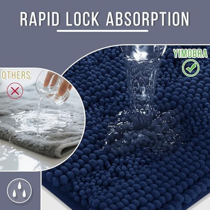 Yimobra Bathroom Rug Mat 47 x 24, Non Slip and Super Absorbent Bath Mat,Machine Washable Quick Dry,Ultra Plush Chenille Shower Rugs for Bathroom Floor Sink Tub and Shower Outside,Navy Blue
