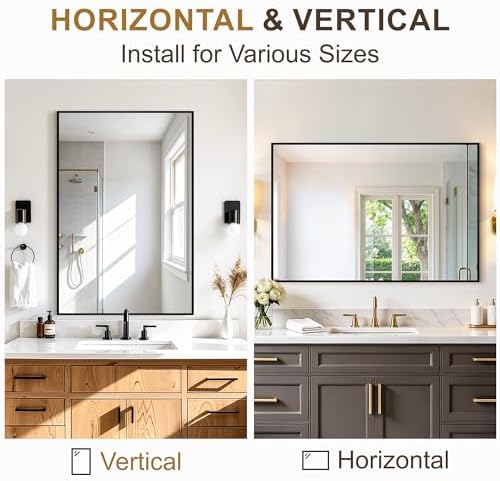 Rectangular Bathroom Mirror, 36"x24" Black Metal Framed Vanity Mirror