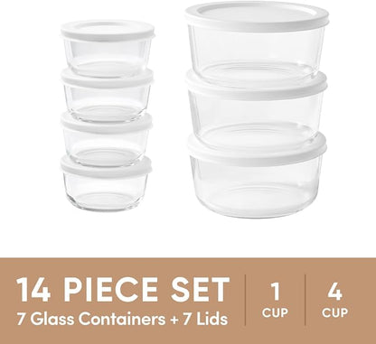 14-Piece Glass Food Storage Containers Set (7 Containers + 7 BPA-Free Lids) | 1-Cup & 4-Cup, Leakproof | Microwave, Freezer, Oven & Dishwasher Safe | Ideal for Meal Prep & Pantry Organization, White