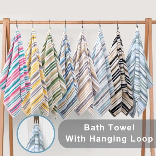 VOOVA & MOVAS Bath Hand Towels 4 Pack, Cotton Blend, 16x27 in, Blue Striped