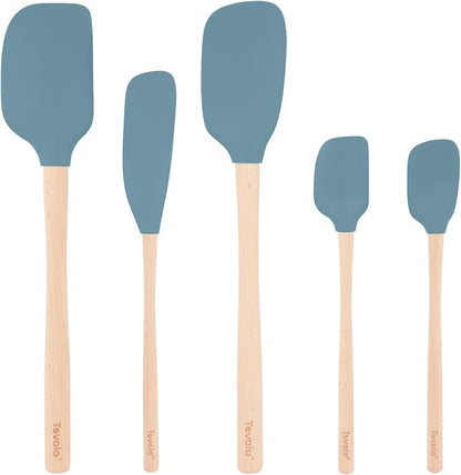 Tovolo Silicone Spatula with Wooden Handle Set of 5 Piece Silicone Kitchen Utensil Set Spoonula Jar Scraper Mini Spatula and Spoonula for Cooking Baking Mixing Folding Blue Slate