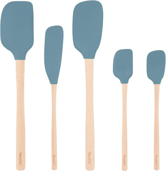 Tovolo Silicone Spatula with Wooden Handle Set of 5 Piece Silicone Kitchen Utensil Set Spoonula Jar Scraper Mini Spatula and Spoonula for Cooking Baking Mixing Folding Blue Slate