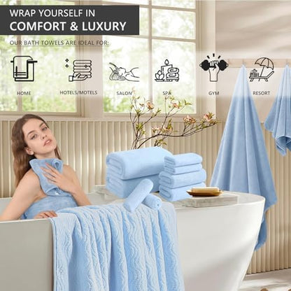 8 Piece Bath Towel Set Blue|2 Oversized Large Bath Sheet,2 Hand Towels,4 Washcloths| Ultra Soft Cozy Bath Towel Set for Bathroom Hotel Gym Spa,Highly Absorbent & Quick Dry Bathroom Towel Collections