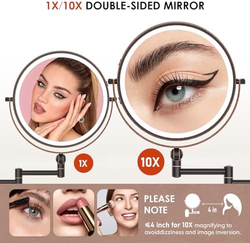 IMIKONA 9" Wall Mounted Lighted Makeup Mirror,4000mAh Rechargeable Double Sided 1X/10X Magnifying Mirror with Light,3 Color Lights,Touch Dimmable,Extended Arm 360 Rotation Wall Mounted Makeup Mirror