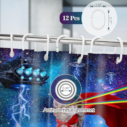 Aimego Long Funny Shower Curtain - Cute Cool Cat on Fantasy Outer Space Galaxy Universe UFO Fun Fabric Cloth Shower Curtain Set with 12 Hooks for Bathroom Decor Accessories Bathtub Curtain, 72"x78"