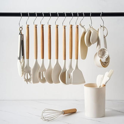 Silicone Cooking Utensils Set, 33PCS Kitchen Gadgets Tools with wooden Handle, Spoons, Spatulas, Whisk, Dishwasher Safe (Cream White, Set of 33)