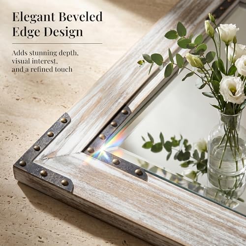 Distressed White 24x36 Inch Wood Bathroom Vanity Mirror, Rivets