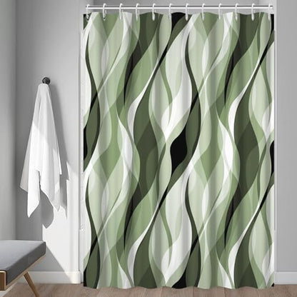 Sage Green Striped Shower Curtain with Hooks for Bathroom 72x72 Inch