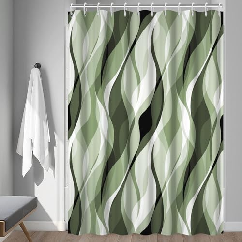 Sage Green Striped Shower Curtain with Hooks for Bathroom 72x84 Inch