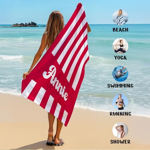 JML Personalized Beach Towel with Name, Custom Cabana Stripe Beach Towel, Customized Microfiber Pool Towel, Quick Dry & Absorbent Swim Towel for Adult,Mother's Day, Birthday, Summer Holiday,Vacation
