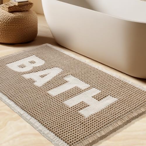 Waffle Bath Mat, Boho Woven Modern Bath Rug Absorbent Non Slip, Ultra Soft Bathroom Mat, Machine Washable Knit Bath Rugs with Bath Letter for Bathroom, Bedroom, Kitchen, Shower, 32"x20", Beige & White